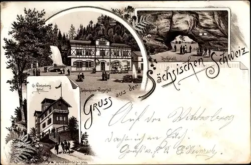 Litho Bad Schandau Sächsische Schweiz, Lichtenhainer Wasserfall, Kuhstall, Gr Winterberg Hotel