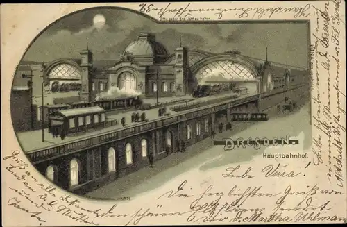 Mondschein Litho Dresden Zentrum Altstadt, Hauptbahnhof