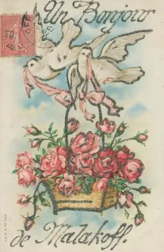 Glitzer Litho Malakoff Hauts de Seine, Tauben, Korb, Rosen