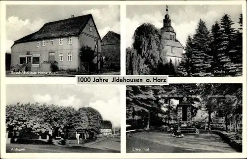 Ak Ildehausen Seesen in Niedersachsen, Geschäftshaus, Kirche, Anlagen, Ehrenmal