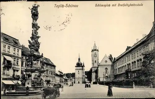 Ak Teplice Teplitz Schönau Region Aussig, Schlossplatz mit Dreifaltigkeitssäule
