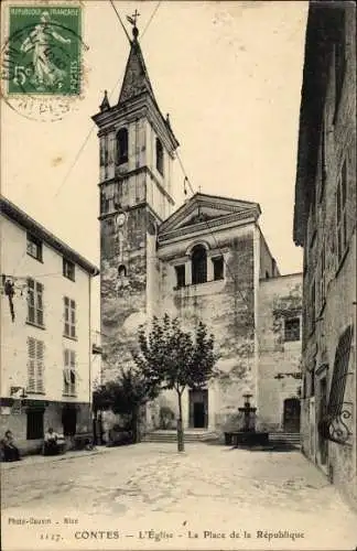 Ak Contes  Alpes Maritimes, L'Eglise, La Place de la Republique