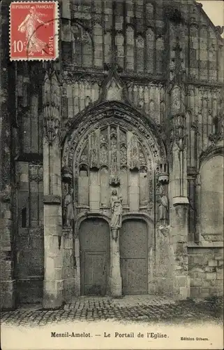 Ak Le Mesnil-Amelot Seine et Marne, Le Portail de l'Église