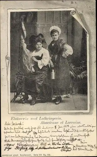 Ak Frauen in Elsässer und Lothringer Tracht, Portrait am Spinnrad