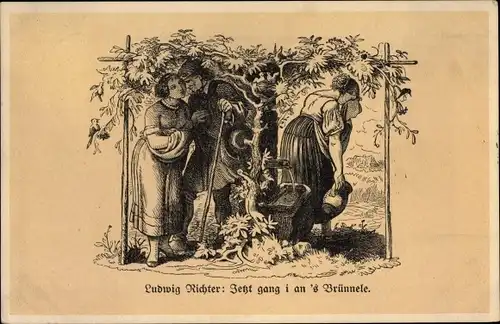 Künstler Ak Richter, Ludwig, Jetzt gang i ans Brünnle, Liebespaar, weinende Frau