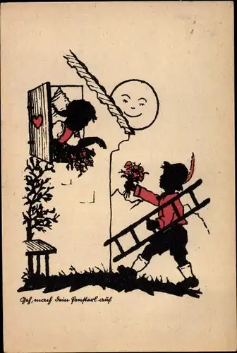 Künstler Ak Ach mach dein Fensterl auf, Liebespaar