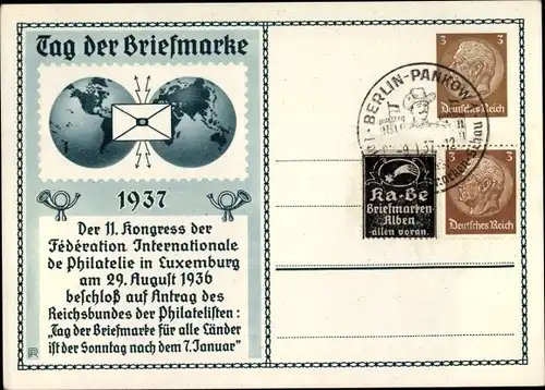 Ganzsachen Ak Tag der Briefmarke 1937, 11. Kongress der Fédération Int. de Philatelie in Luxemburg
