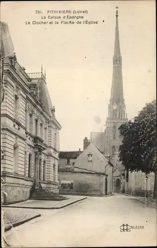 Ak Pithiviers Loiret, La Caisse d'Épargne, Le Clocher et la Flèche de l'Église
