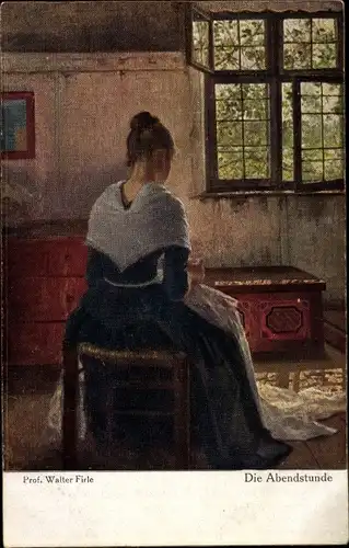 Künstler Ak Firle, Walther, Die Abendstunde, nähende Frau