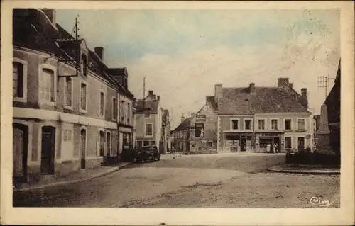 Ak Bretoncelles Orne, Place de l'Église et la Route de Logny