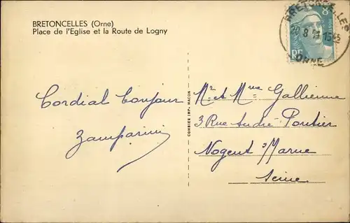 Ak Bretoncelles Orne, Place de l'Église et la Route de Logny
