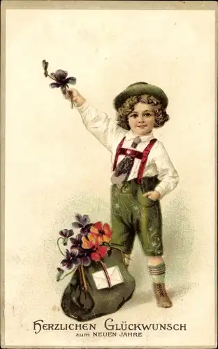 Litho Glückwunsch Neujahr, Junge mit Blumen, Reisetasche