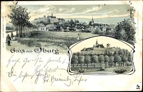 Litho Bad Iburg am Teutoburger Wald, Panorama vom Ort, Schloss