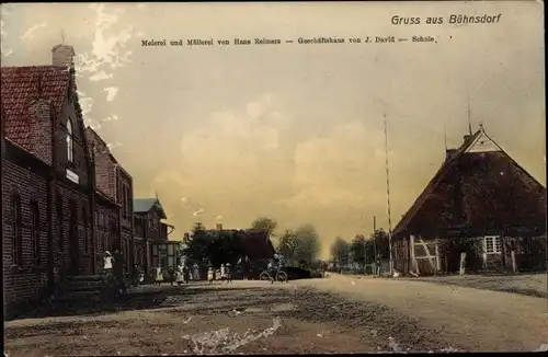 Ak Bühnsdorf in Schleswig Holstein, Meierei und Müllerei von Hans Reimers, Laden v. J. David, Schule