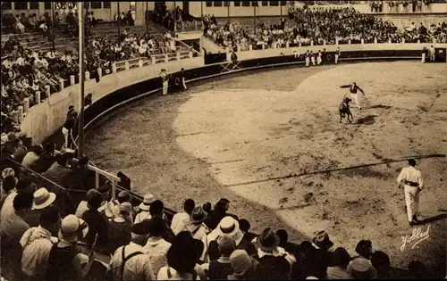 Ak Stierkampf, Course Landaise, un ecart devant la vache