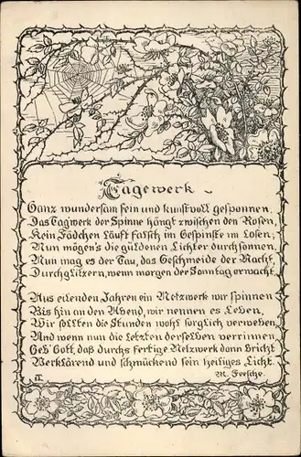 Gedicht Ak Tagewerk, Ganz wundersam fein und kusntvoll gesponnen, Spinnennetz