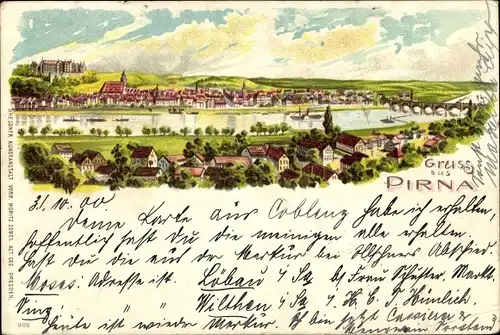 Litho Pirna an der Elbe, Blick auf den Ort