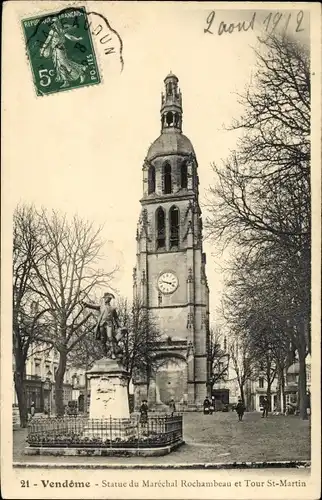 Ak Vendôme Loir et Cher, Statue du Marchéchal Rochambeau et Tour Saint Martin