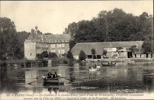 Ak Flers Orne, Le Château et le Grand Etang