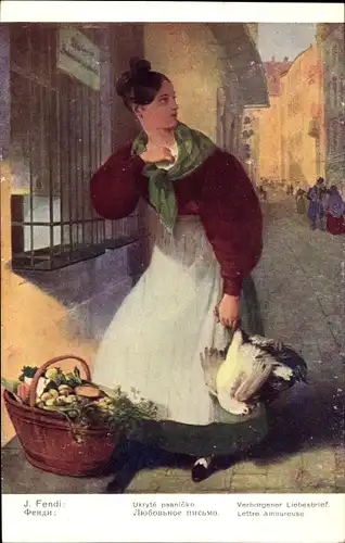 Künstler Ak Fendi, J., Verborgener Liebesbrief, Frau mit Weidenkorb
