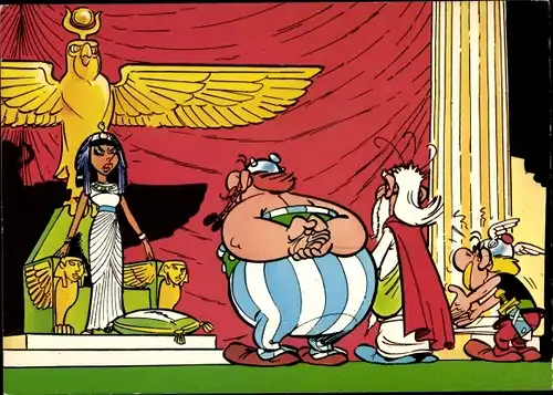 Künstler Ak Comic, Asterix und Obelix, Kleopatra, Miraculix