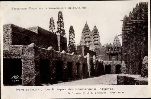 Ak Exposition Colonial International de Paris 1931, A.O.F., Les Portiques des Commercants indigenes