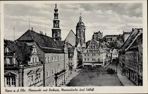 Ak Pirna an der Elbe, Obermarkt mit Rathaus, Marienkirche und Schloss