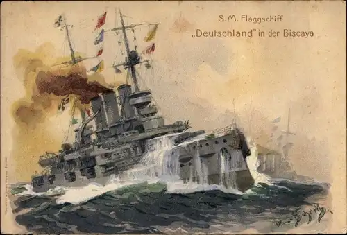 Künstler Ak Kaiserliche Marine, Kriegsschiff, Flaggschiff Deutschland in der Biscaya