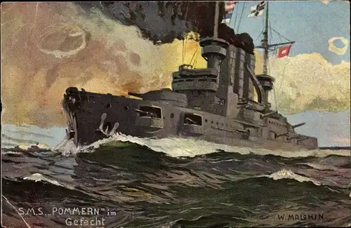 Künstler Ak Malshin, W., Kaiserliche Marine, Kriegsschiff Pommern im Gefecht, Linienschiff