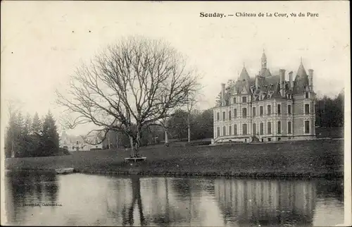 Ak Souday Loir et Cher, Château de la Cour, vu du Parc, bord du l'eau