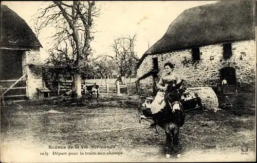 Ak Calvados, Normandie, Frau auf einem Esel