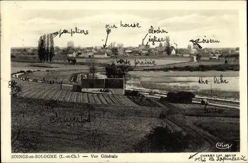 Ak Soings en Sologne Loir et Cher, vue panoramique, champs, etang, village