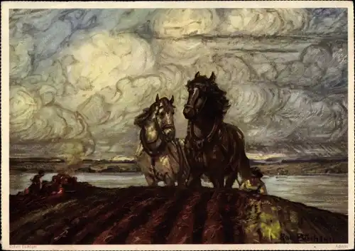 Künstler Ak Bauer mit Pferdepflug auf dem Feld, Reklame, Eduscho Kaffee Bremen