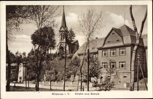 Ak Wildenau Steinberg im Vogtland, Kirche und Schule