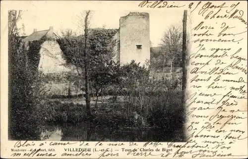 Ak Villedieu le Chateau Loir et Cher, Tour de Charles de Bigot, rivière