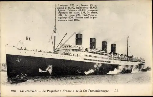Ak Le Havre Seine Maritime, Paquebot France, Dampfschiff, CGT, French Line