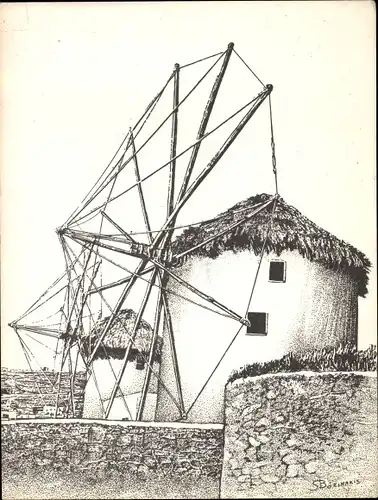 Künstler Ak Bozinakis, S., Insel Mykonos Griechenland, Windmühle