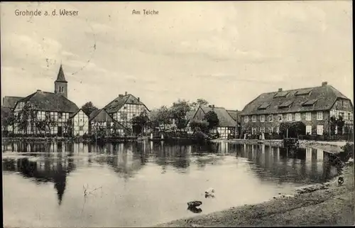 Ak Grohnde Emmerthal an der Weser, Teich, Kirche