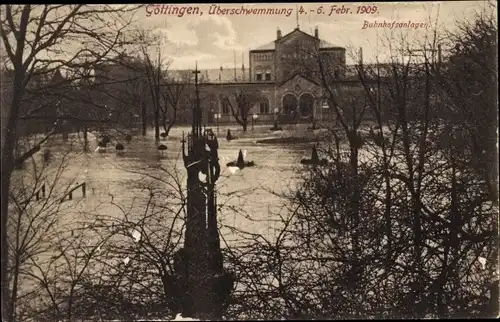 Ak Göttingen in Niedersachsen, Bahnhofsanlagen, Hochwasser 1909