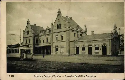 Ak Rosario Argentinien, Estacion Central Cordoba, Bahnhof, Straßenbahn