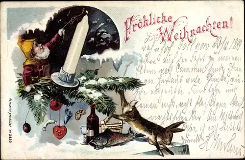 Litho Glückwunsch Weihnachten, Zwerg, Tannenzweig, Kerze