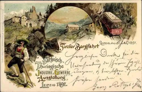 Litho Leipzig in Sachsen, Sächs. Thür. Industrie und Gewerbeausstellung 1897, Tiroler Bergfahrt