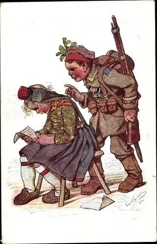 Künstler Ak Mädchen in hessischer Tracht, Soldat in Uniform