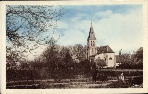 Ak Cely en Biere Seine et Marne, L'Église vue du Chemin de la Gare