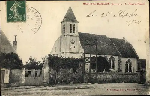 Ak Magny les Hameaux Yvelines, La Place et l'Eglise