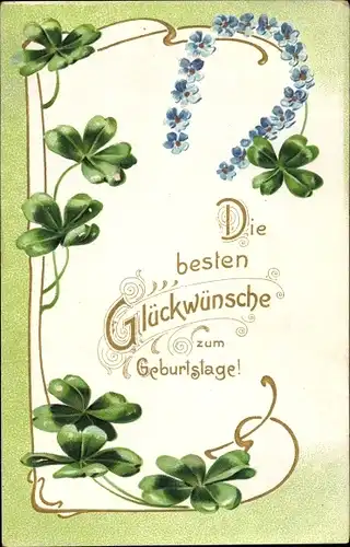 Litho Glückwunsch Geburtstag, Hufeisen, Vergissmeinnicht, Kleeblätter