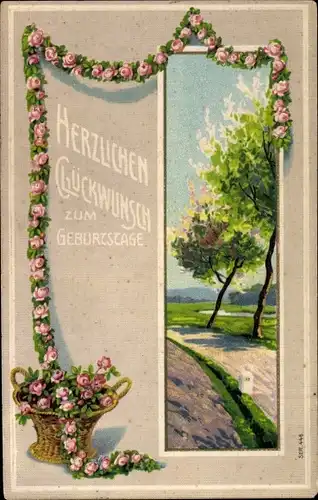 Litho Glückwunsch Geburtstag, Rosenranken, Landschaft