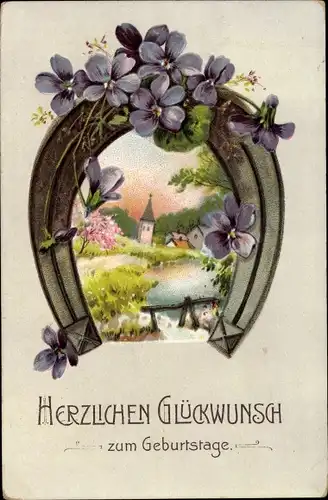 Ak Glückwunsch Geburtstag, Landschaft, Hufeisen, Veilchen
