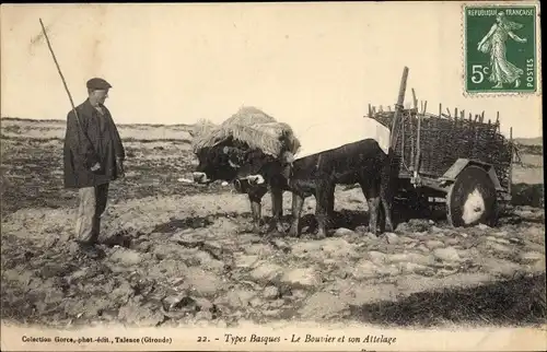 Ak Types Basques, Mann mit Rinderkarren