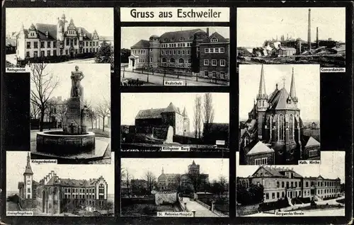 Ak Eschweiler Nordrhein Westfalen, Realschule, Amtsgericht, Kriegerdenkmal, Bergwerksheim